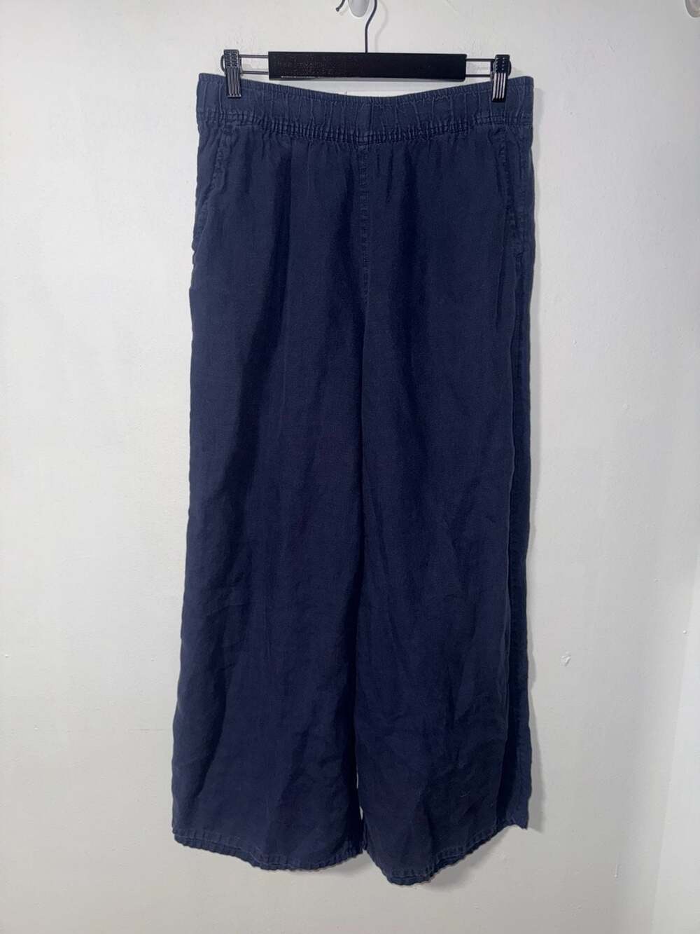 Sigrid Olsen 100% Linen Navy Blue Pull-On Wide Leg Pants Large